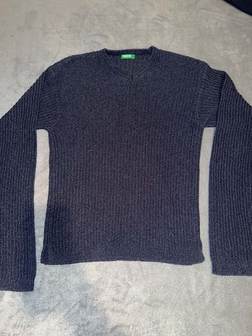 Made in Italy of Benetton Ribbed Knit V-Neck Sweater Navy Blue